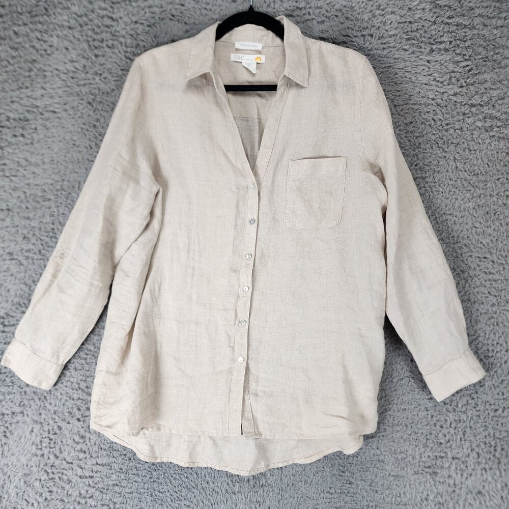 C&C Shirt Womens Large Tan 100% Natural Linen Roll Tab Button Up Shirt